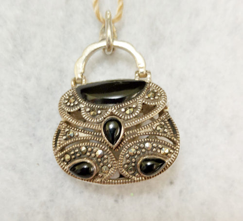 STERLING SILVER, ONYX AND MARCASITE PENDANT
